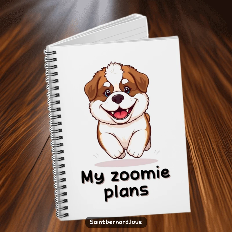 Funny Saint Bernard Puppy Notebook with a joyful, grinning dog on the cover, perfect for note-taking and creative brainstorming.