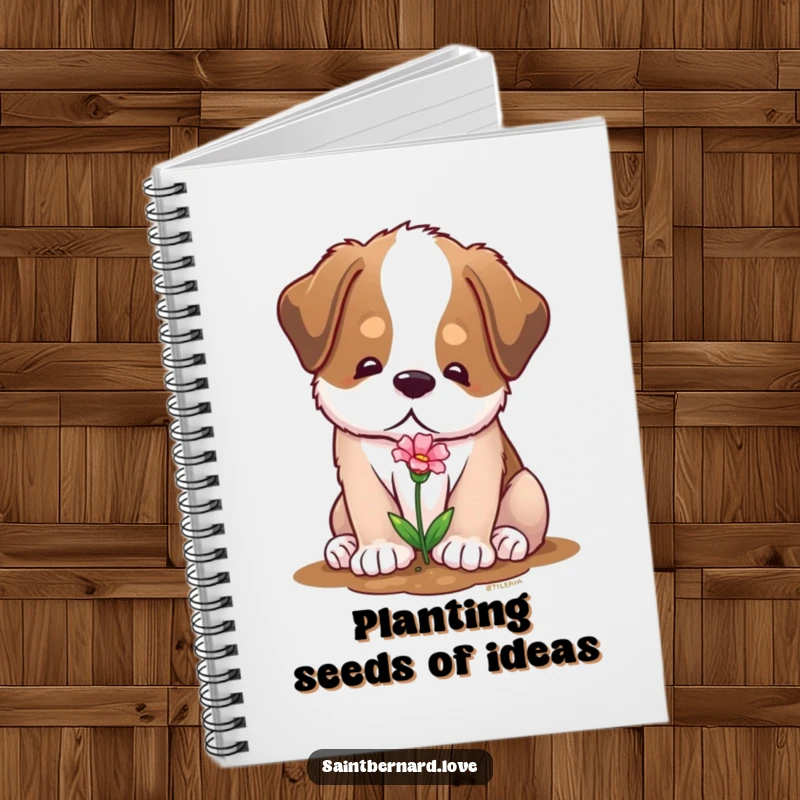 Funny notebook featuring a soft Saint Bernard character with a gentle expression, planting a tiny flower, perfect for notes.