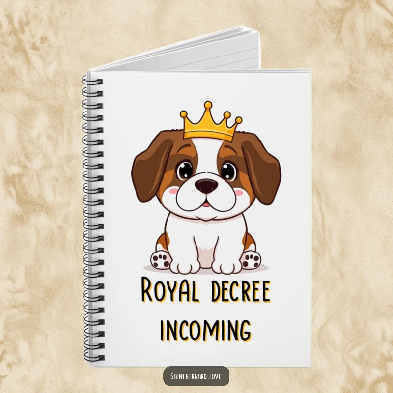 Funny Saint Bernard notebook with a proud, crowned Kawaii dog cover, ideal for jotting down regal thoughts. A humorous stationery item.
