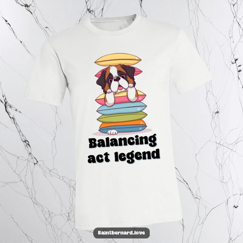 Funny Saint Bernard T-Shirt: Comical Saint Bernard struggles to balance colorful cushions, a hilarious and relatable dog design.