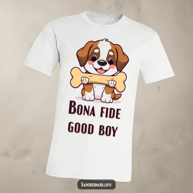 Funny Saint Bernard t-shirt depicting a smiling Kawaii dog offering a very large bone. A humorous tee celebrating kindness.