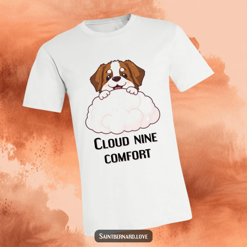 Funny Saint Bernard t-shirt with a smiling dog peeking over a fluffy cloud, embodying pure canine bliss.