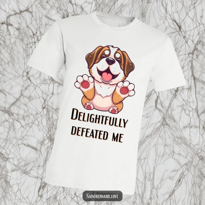 Funny Saint Bernard T-Shirt: A Saint Bernard with paws up in surrender looks completely delighted, a joyful and humorous dog design.