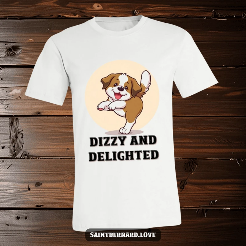 Funny t-shirt with a Saint Bernard pup energetically chasing its own tail in a happy circle, embodying canine delight.