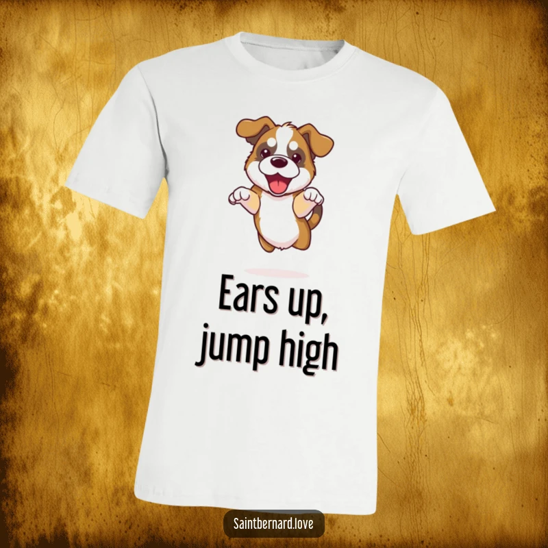 Funny Kawaii Saint Bernard T-Shirt of a dog with floppy ears doing a happy jump, embodying pure canine excitement.