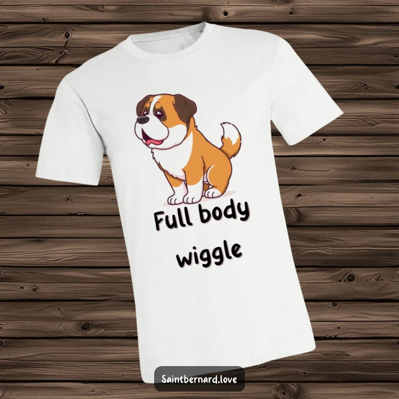 Funny Saint Bernard t-shirt, a dog captured in a full-body shake from its powerfully wagging tail, symbolizing immense joy.
