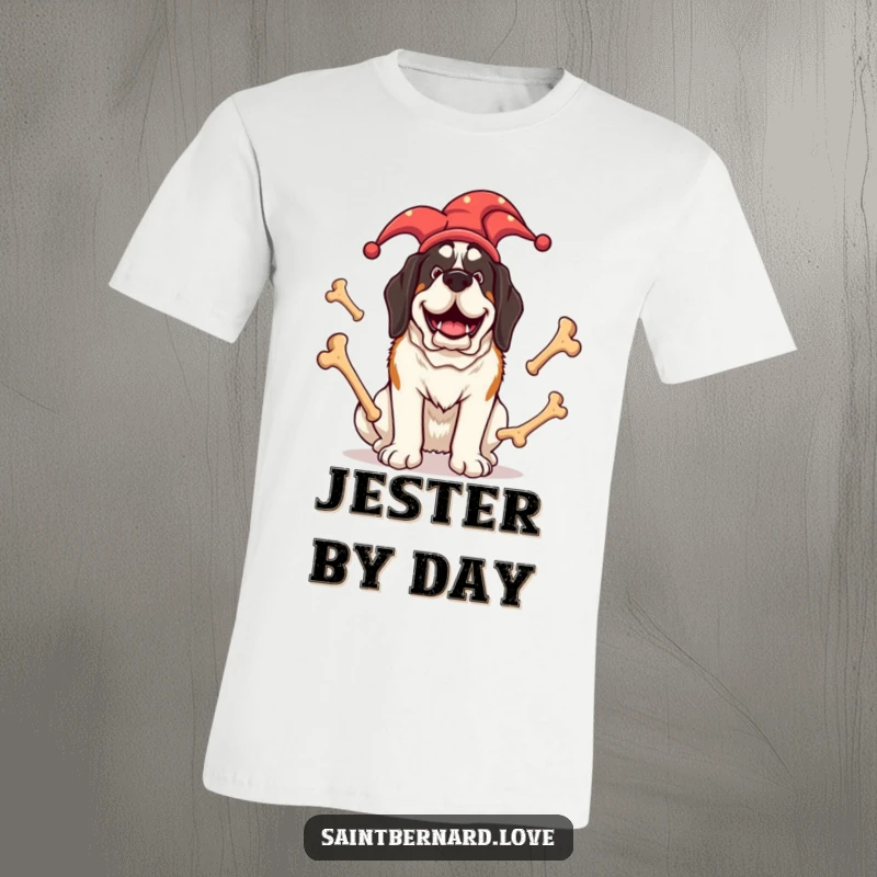Funny Saint Bernard t-shirt showcasing a giant dog in a jester hat, enthusiastically juggling oversized bones with a joyful expression.