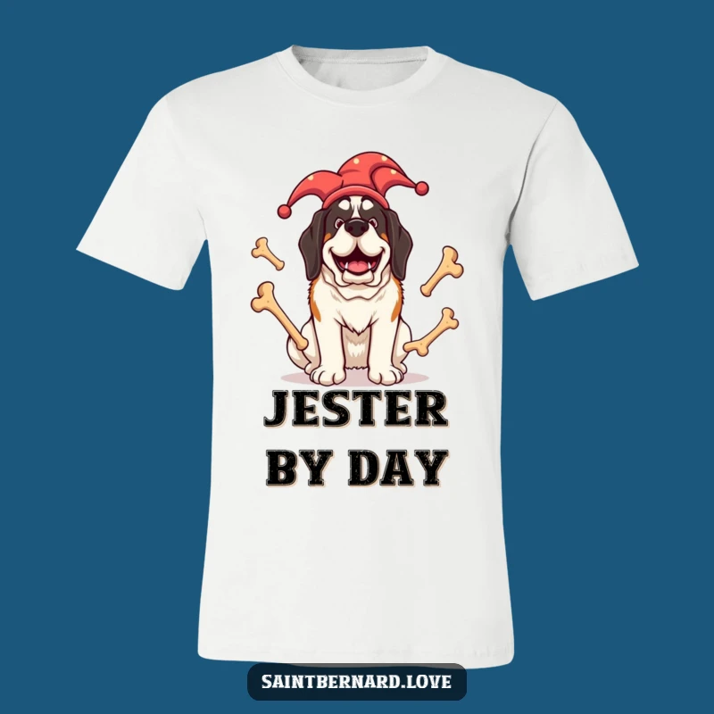 Funny Jester Saint Bernard T-Shirt: Giant Dog Juggling Bones, a Hilarious Gift Idea