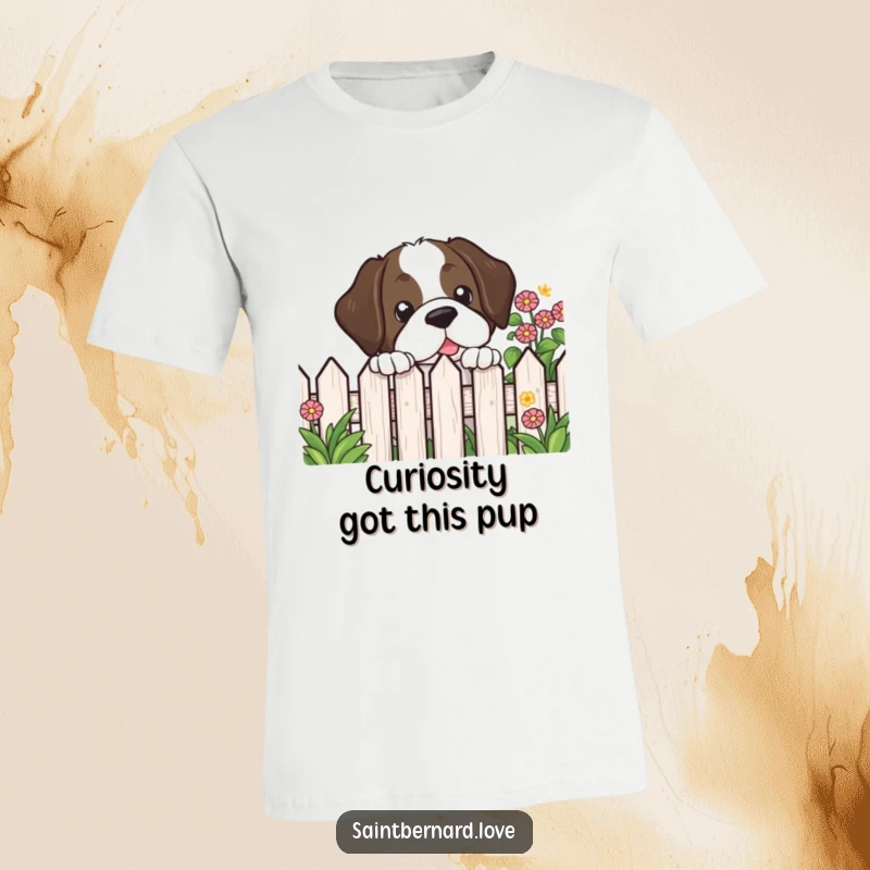 Funny Kawaii Saint Bernard T-Shirt of a dog peeking over a garden fence with curious eyes, embodying playful charm.