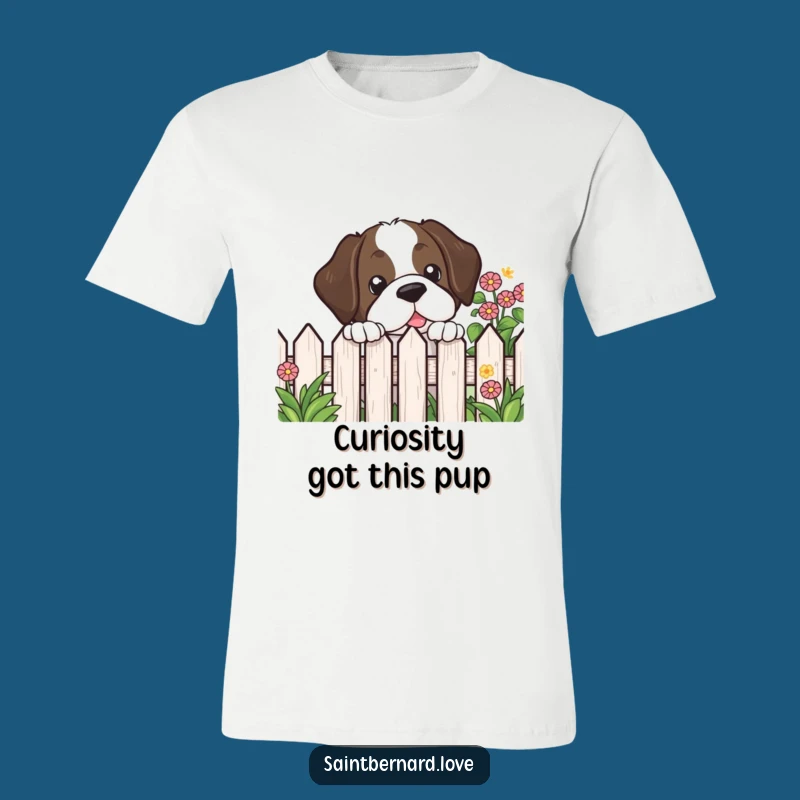 Funny Kawaii Saint Bernard T-Shirt - Garden Fence Peek Humor Tee