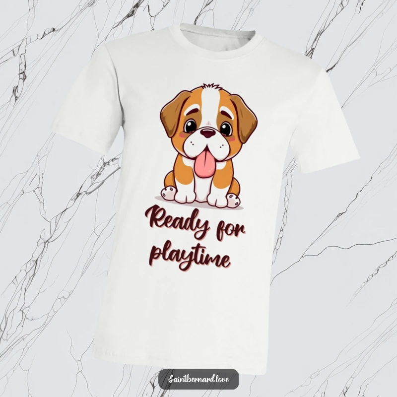 Funny Kawaii Saint Bernard t-shirt, gleefully offering a slobbery toy with a happy pant, a comical and endearing scene.