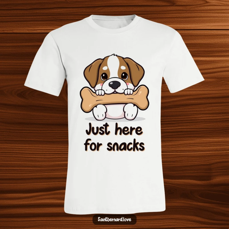 Funny Saint Bernard t-shirt with a kawaii dog peeking from behind a large dog bone, its expression full of playful curiosity and mischief.