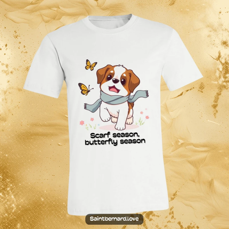 Funny Saint Bernard t-shirt, a dog in a scarf chasing a butterfly, playful and humorous outdoor scene.