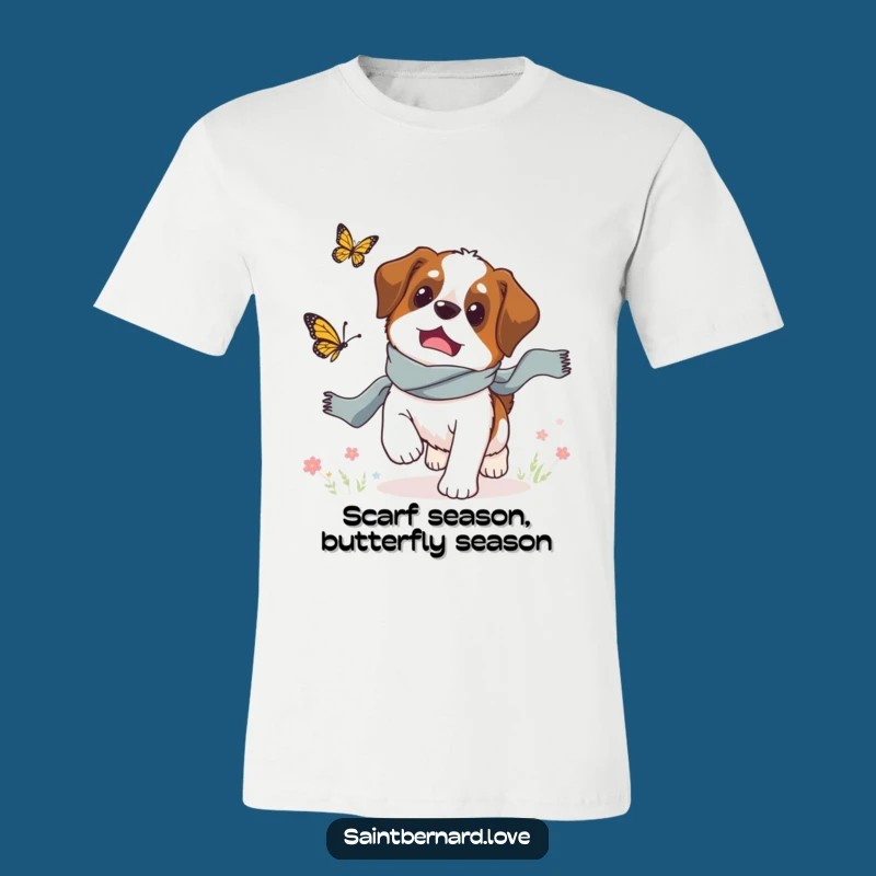 Funny Saint Bernard Butterfly Chase Scarf T-Shirt: Humorous Outdoor Dog Tee