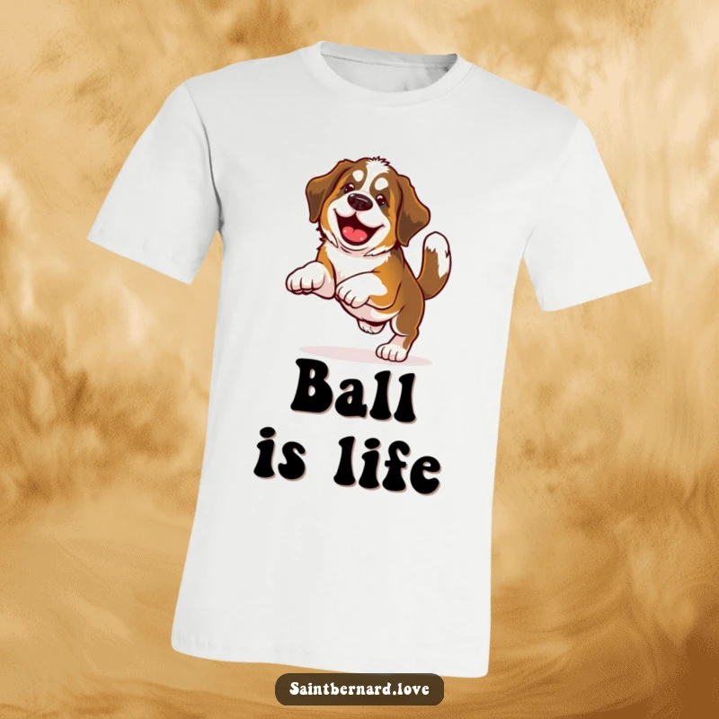 Funny Saint Bernard t-shirt featuring a large dog with a wildly wagging tail caught in the act of enthusiastically playing fetch, full of glee.