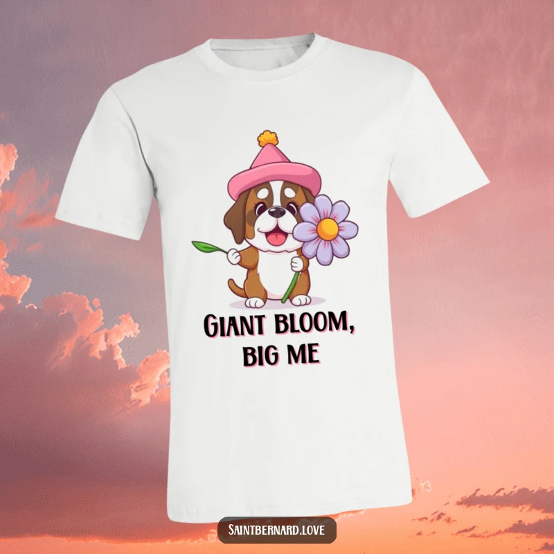 Funny Saint Bernard t-shirt with a silly hat holding a massive flower, celebrating big hearts and comical gestures for dog moms.