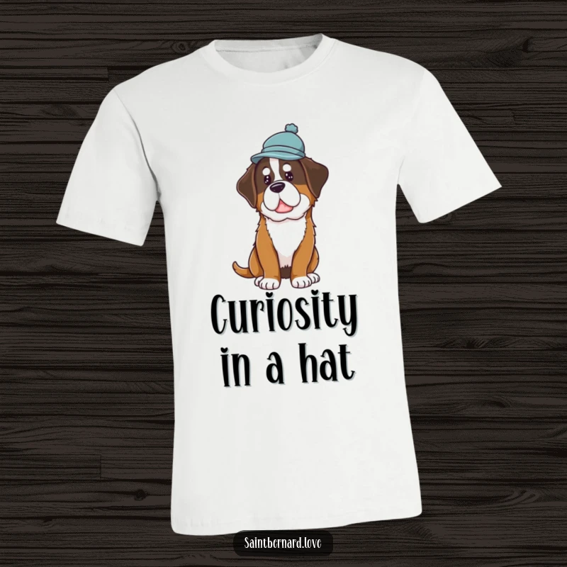 Funny Saint Bernard Hat T-Shirt featuring a dog wearing a tiny hat and tilting its head in a charmingly curious manner.