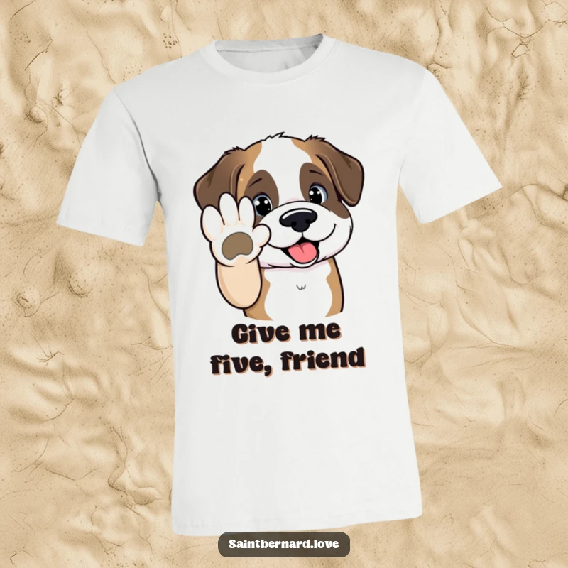 Funny Saint Bernard t-shirt with a kawaii dog extending its paw for a high-five, designed to spread cheer and positive vibes.