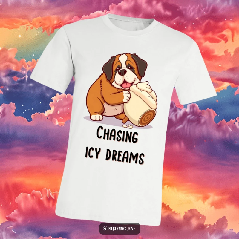 Funny Saint Bernard t-shirt depicting a dog curiously nudging a massive, rolling ice cream cone, full of playful mischief and dessert desire.