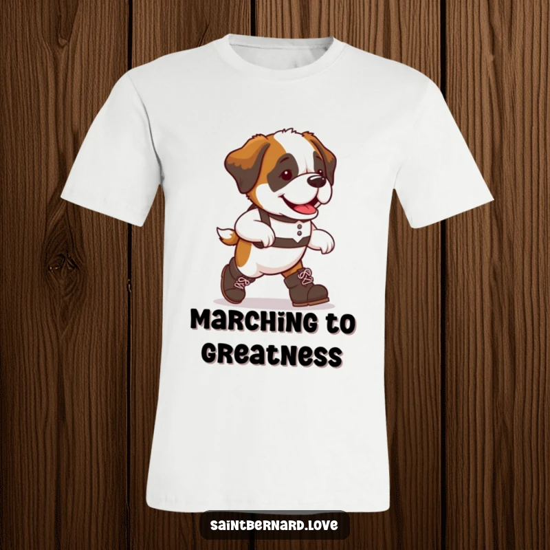 Funny Saint Bernard dog t-shirt in oversized boots, marching with cheerful determination, a comical and endearing design for dog fans.