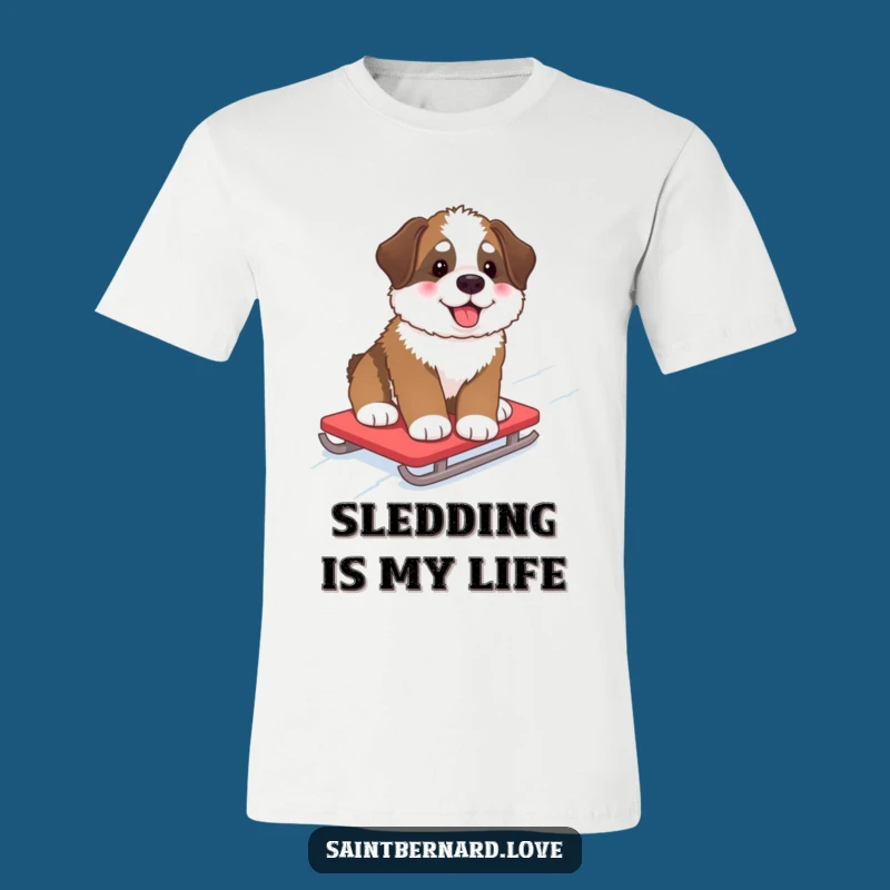 Funny Saint Bernard Pup T-Shirt: Snowy Sled Ride, Rosy Cheeks, Ideal Humorous Gift