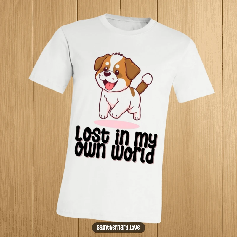 Funny Saint Bernard Puppy T-Shirt: Adorable puppy chasing tail in a circle, conveying pure puppy joy and playful energy, great for casual wear.