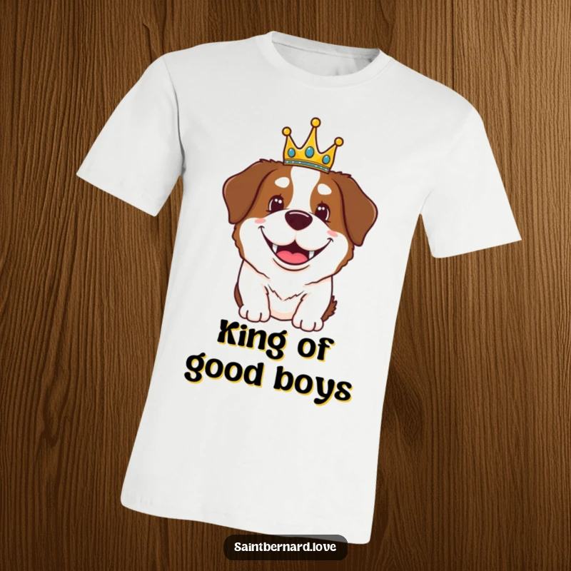 Funny Saint Bernard t-shirt featuring a dog with a joyful grin wearing a small crown, looking like a happy monarch.
