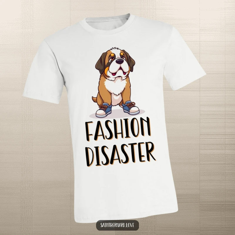 Funny Saint Bernard t-shirt, a dog with a funny face trying to wear comically small shoes, depicting a hilarious situation.