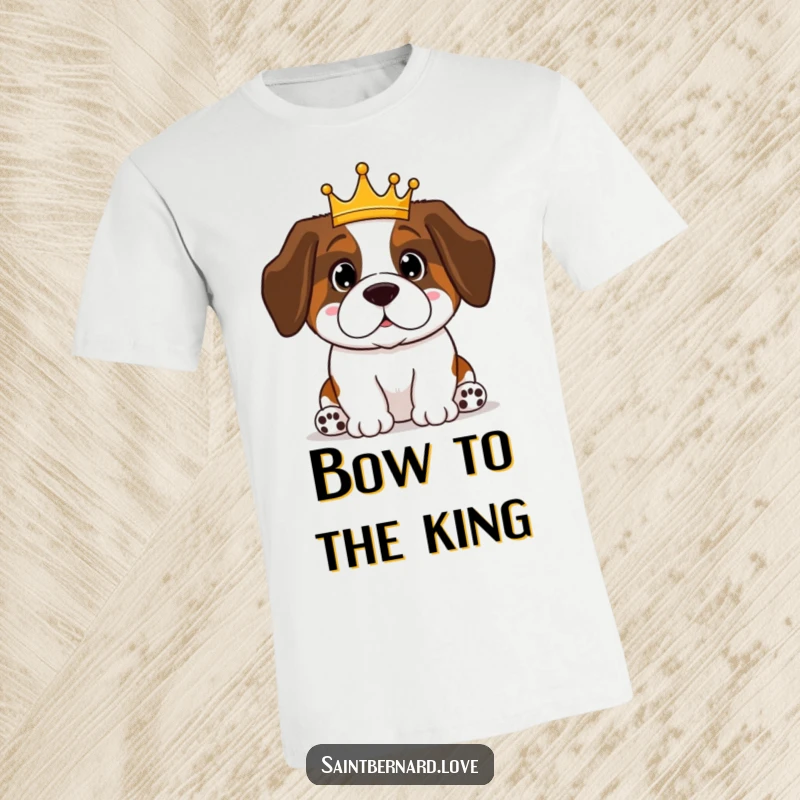 Funny Saint Bernard t-shirt featuring a cute Kawaii dog wearing a small crown, looking very proud. A humorous tee for dog fans.