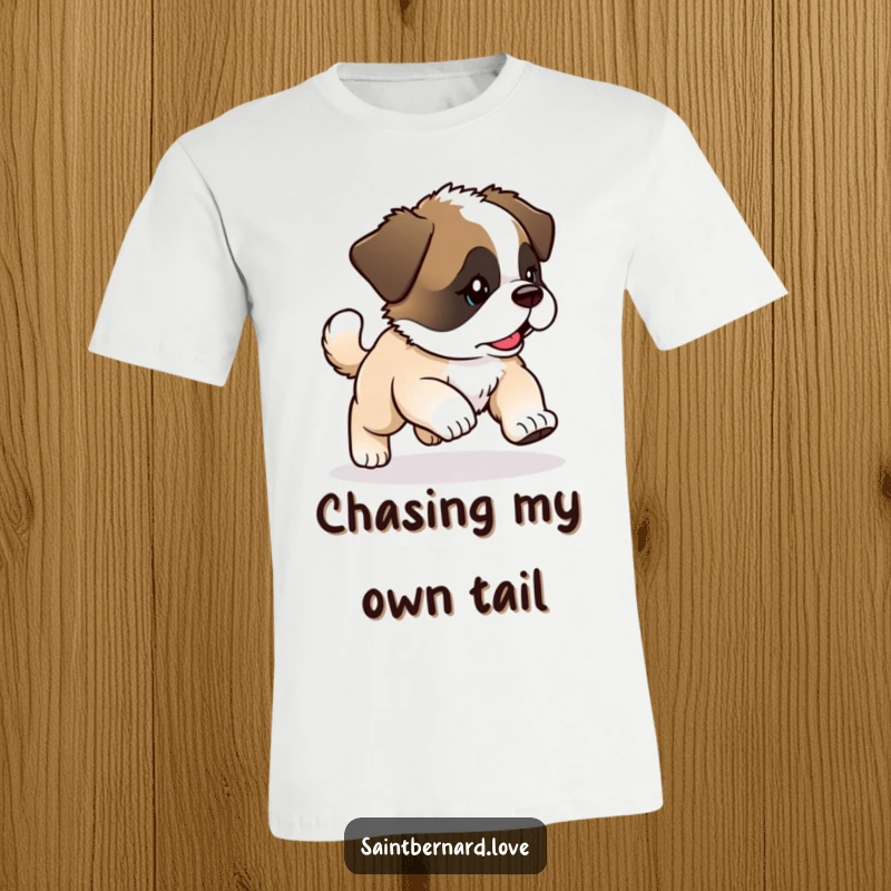 Funny Kawaii Saint Bernard Puppy T-Shirt: Puppy chases tail with glee, great funny gift.