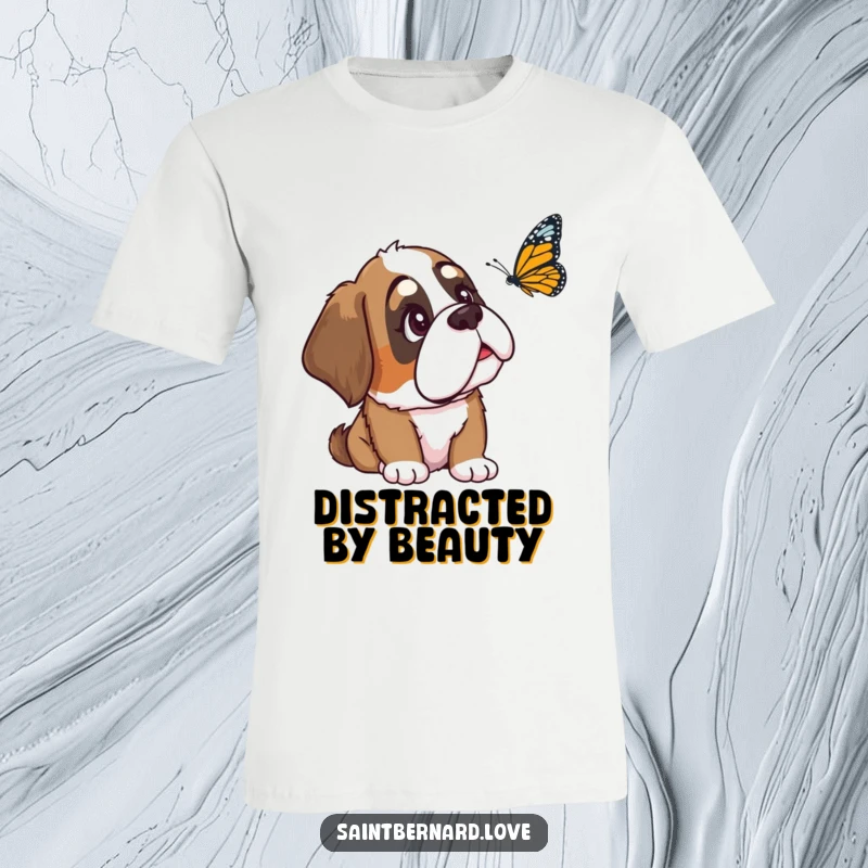 Funny Saint Bernard t-shirt showing a loyal dog with a relaxed ear, looking with intense curiosity at a fluttering butterfly, a moment of calm wonder.