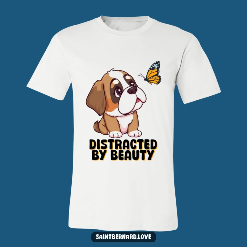 Funny Saint Bernard T-Shirt: Curious Dog Watching Butterfly, Floppy Ear Gift