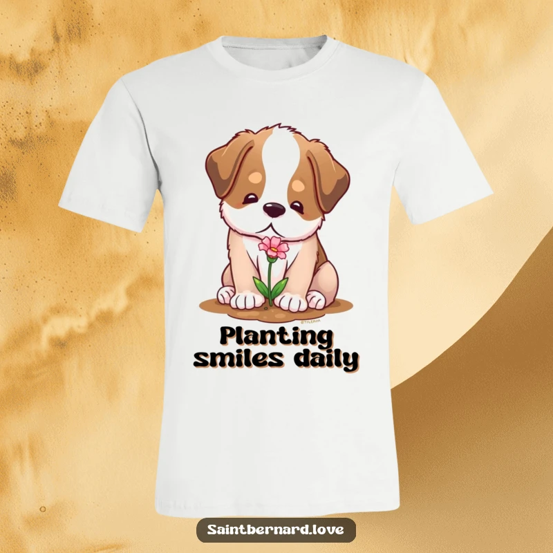 Funny t-shirt with a soft Saint Bernard character, gentle expression, planting a tiny flower, symbolizing nature and care.
