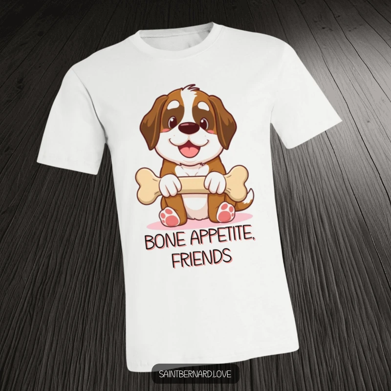 Funny Saint Bernard t-shirt, kawaii dog offering giant bone with smile, generous and humorous design, comfortable casual wear, ideal funny gift for dog owners.