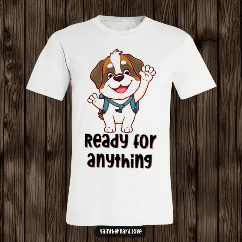 Funny Saint Bernard t-shirt featuring a goofy dog character with a big smile, a tiny backpack, and a cheerful wave, conveying friendliness.