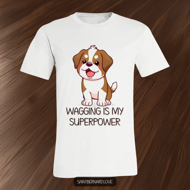 Funny Kawaii Saint Bernard T-Shirt: A cheerful dog wagging its tail with all its might, embodying happiness.