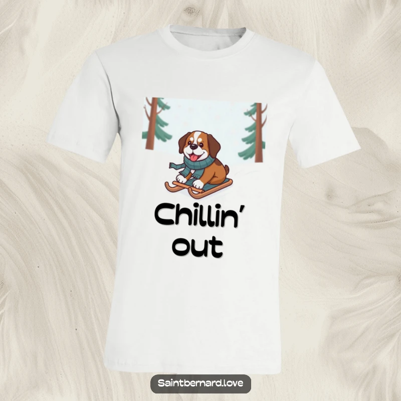 Funny Saint Bernard T-Shirt of a dog in a scarf happily sledding down a snow-covered hill, winter fun.