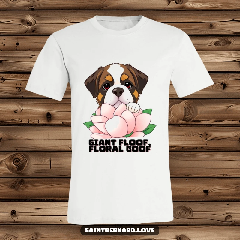 Funny Saint Bernard t-shirt showing a massive dog playfully peeking over a large, vibrant flower, radiating joy and humor.