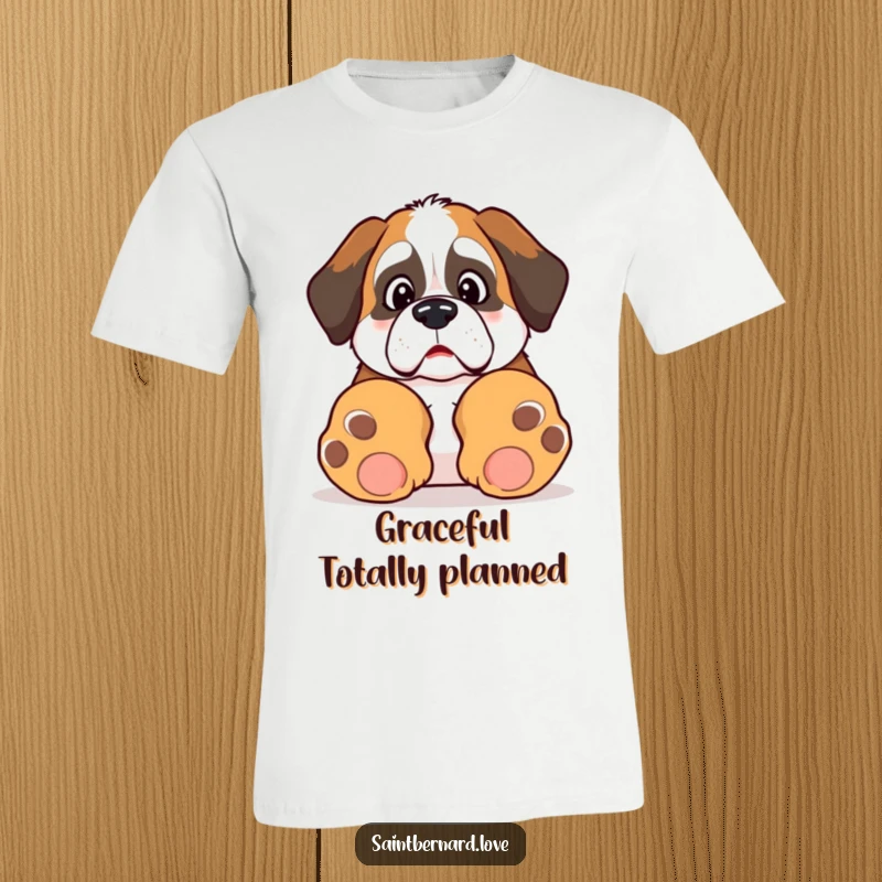 Funny Kawaii Saint Bernard t-shirt, depicting a surprised dog tripping over its own giant paws, capturing a moment of hilarious oops.