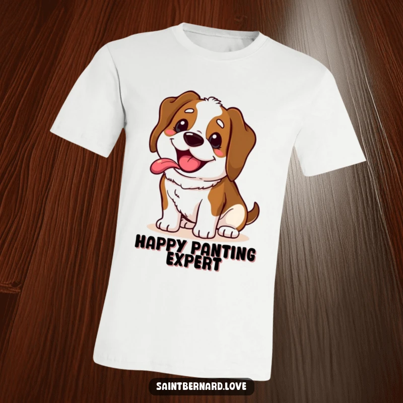 Funny Saint Bernard t-shirt featuring a kawaii dog with an ecstatic, panting grin, its tongue out, embodying pure, unadulterated joy.