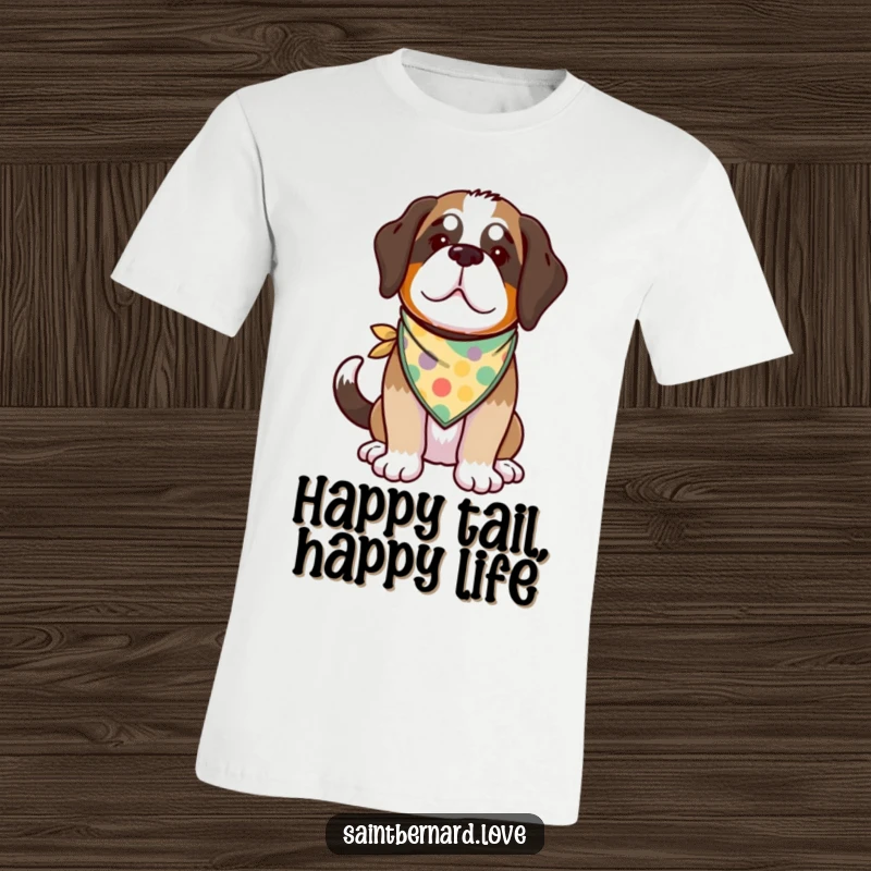 Funny Kawaii Saint Bernard T-Shirt of a joyful dog with its tail wagging energetically, sporting a bright bandana.