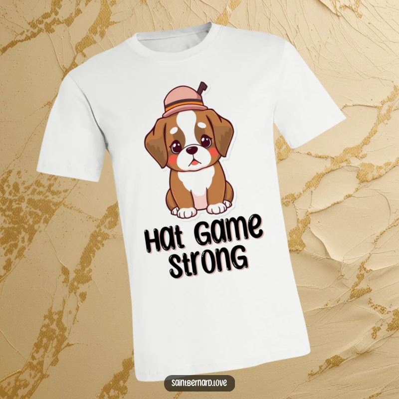 Funny Kawaii Saint Bernard t-shirt, featuring a dog wearing a tiny, tilted hat, looking incredibly dapper and stylish.