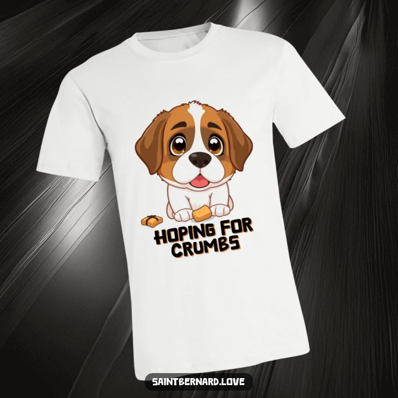 Funny Saint Bernard T-Shirt: A Saint Bernard dog with large, expressive eyes gazing upwards with profound hope towards a dropped treat.