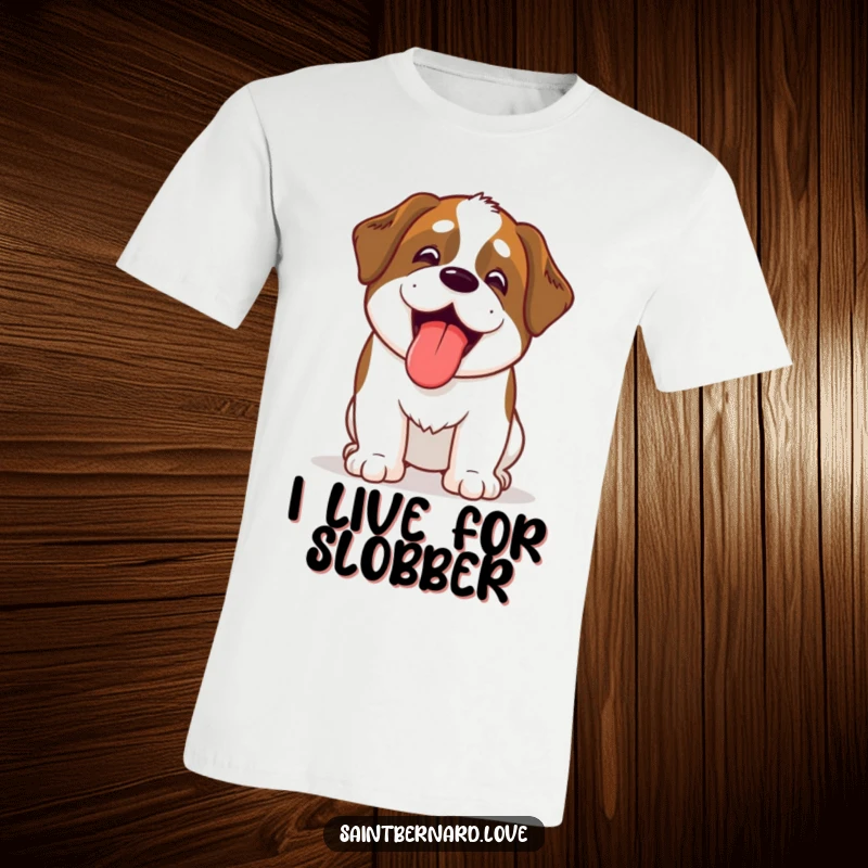 Funny Saint Bernard t-shirt with a kawaii dog excitedly panting, tongue out, embodying pure, unadulterated happiness.