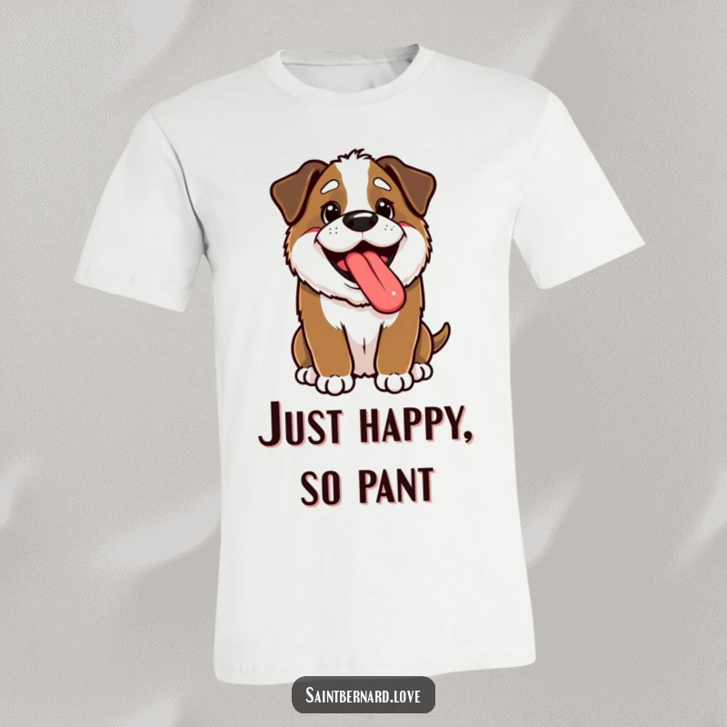 Funny Kawaii Saint Bernard T-Shirt: A happy puppy pants with its tongue lolling out, showcasing funny, cheerful dog energy.