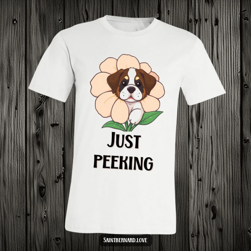 Funny Saint Bernard T-Shirt of a curious dog peeking from behind a large flower, an adorable and humorous graphic.