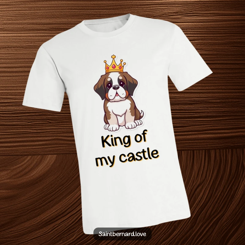 Funny Saint Bernard t-shirt, kawaii dog wearing small crown, sitting proudly, humorous royal design, comfortable casual wear, ideal funny gift for dog owners.