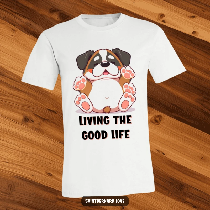 Funny Saint Bernard t-shirt showcasing a kawaii dog hilariously rolling on its back with paws flailing upwards in a moment of pure canine ecstasy.
