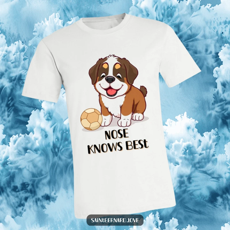 Funny Saint Bernard t-shirt graphic, a happy dog nudging a ball with its nose, conveying playful excitement.