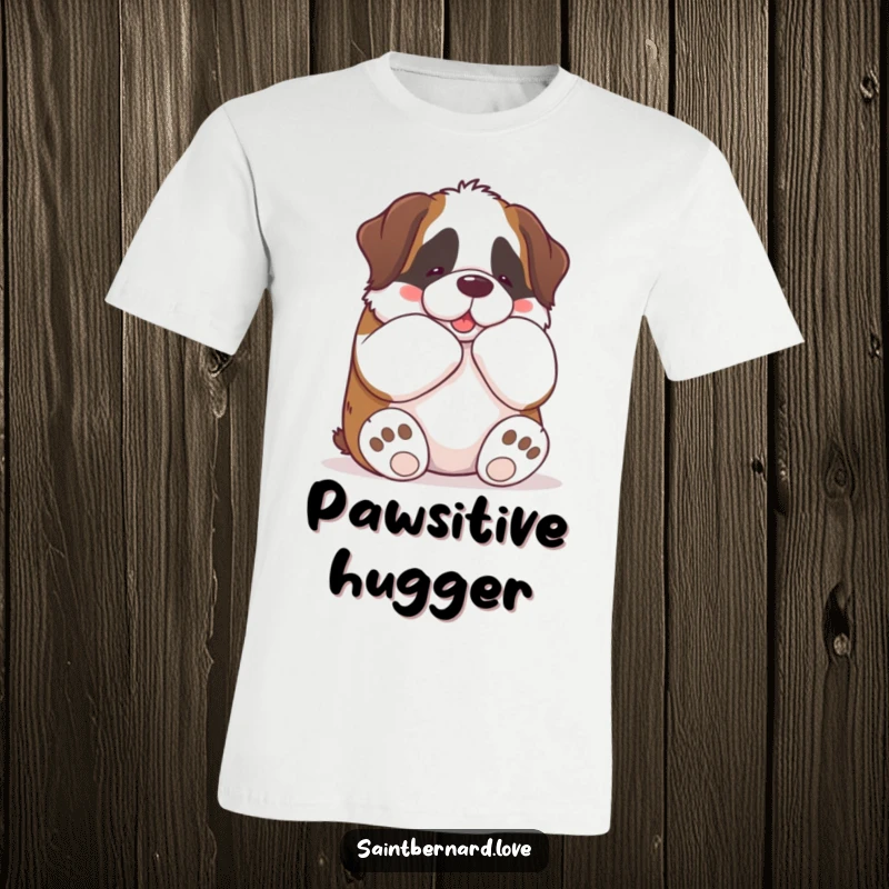 Funny Kawaii Saint Bernard T-Shirt: A cute Saint Bernard offers a big, loving bear hug with its paws, radiating funny kindness.